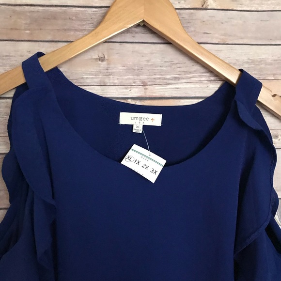 Umgee | royal blue ruffle cold shoulder top blouse - Picture 3 of 5